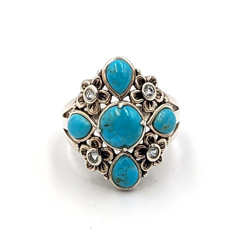Turquoise Clear Sapphire Sterling Silver Ring 925 Vintage Southwestern Style Sz8